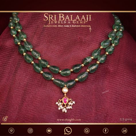 Elegance in Every Gram: Adorn yourself with this exquisite green stone necklace featuring a delicate @2.5 gram pendant . Ruby Jewelry Necklaces Gold, Jewelry Necklaces Gold, Green Beads Necklace, Statement Jewelry Outfit, Lightweight Jewellery, Simple Elegant Necklace, Ruby Necklace Designs, Ruby Jewelry Necklaces, Real Pearl Jewellery