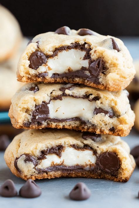 Cheesecake Stuffed Chocolate Chip Cookies, Chocolate Chip Cream Cheese Cookies, Cream Cheese Stuffed Cookies, Stuffed Cookies Recipes, Cheesecake Stuffed Cookies, Chocolate Chip Cream Cheese, Dessert Bars Recipes Easy, Cream Cheese Chocolate Chip Cookies, Soft Chewy Chocolate Chip Cookies