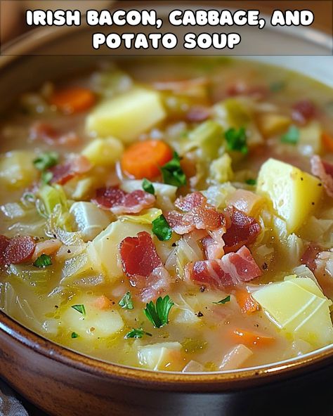 Irish Comfort Bowl: Hearty Bacon, Cabbage, and Potato Soup Irish Potato Cabbage Soup, Irish Bacon Cabbage And Potato Soup, Cabbage And Potato Soup, Bacon Cabbage, Cabbage Potato Soup, Irish Bacon, Ham Bone Soup, Potato Bacon Soup, Cabbage And Potatoes