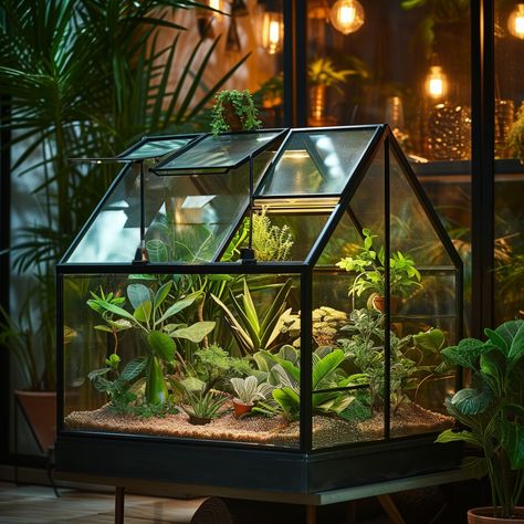 Modern Mini All Glass Greenhouse with Plants Growing Under Lights Tiny Green House Ideas, Mini Greenhouse Terrarium, Miniature Greenhouse Terrarium, Small Glass Terrarium Ideas, Small Greenhouse Indoor, Greenhouse Terrarium Ideas, Indoor Plant Enclosure, Small Garden With Greenhouse, Glass Greenhouse Ideas