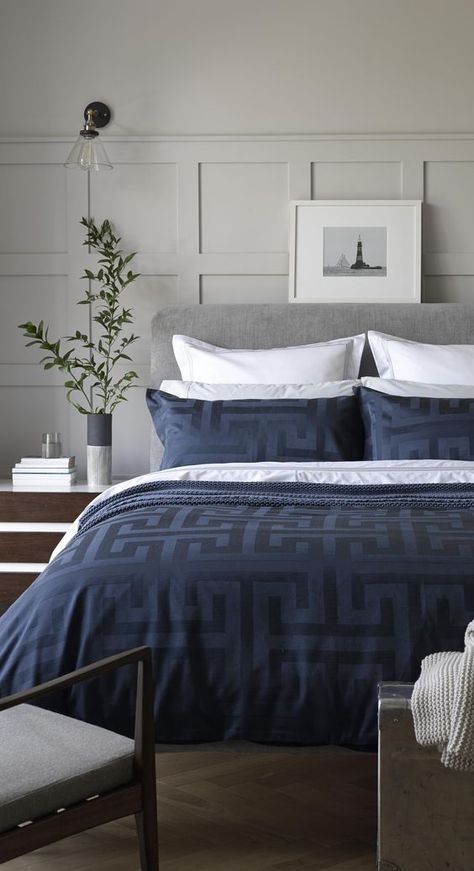 Get inspired by these navy blue bedroom ideas for your master decoration! #navyblue #navy #blue #bedroomdecoration #navybluebedrooms #bluebedrooms #navybedroomdecoration #masterdecoration #decoratingideas #bluerooms #navyrooms #navyblue #navybluedecoration Navy Blue Bedrooms, Blue Comforter, Blue Bedroom Decor, Cosy Bedroom, Wall Panels Bedroom, Design Blogs, Bedroom Panel, Bedroom Color Schemes, Bed Linens Luxury