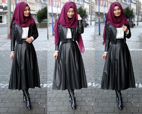 Leather Skirt Outfit Hijab, Skirt Hijab Style, Leather Hijab, Long Leather Skirt Outfit, Muslimah Clothing, Hijab Gown, Long Leather Skirt, Hijab Fashion Summer, Leather Skirt Outfit