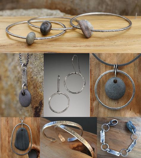 Pebble pendants Natural Stone Jewelry Beach, Rock Pendants Diy, Pebbles Jewelry, Nature-inspired Natural Stones Jewelry For Beach, Forge Design, Beach Pebble Jewelry, Beach Projects, Hand Forged Jewelry, Stone Projects