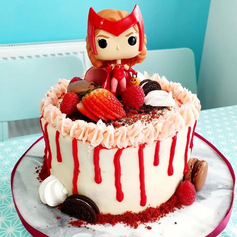 Wanda Birthday Cake, Wanda Maximoff Cake, Wanda Cake Marvel, Marvel Birthday Cake Avengers, Funko Pop Birthday Cake, Scarlet Witch Party Ideas, Scarlet Witch Birthday Cake, Scarlet Witch Cake Ideas, Marvel Birthday Cake Ideas