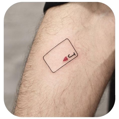 Small minimalist Jack Card tattoo on male forearm. Found on Instagram and saving here for future reference. Card Size Tattoos, Jasper Tattoo, Cheeky Tattoos, Harley Tattoo, Card Tattoos, Joker Card Tattoo, Jack Card, Bullet Tattoo, Poker Tattoo