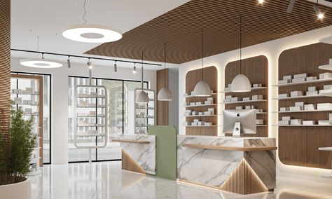 1 new message Modern Pharmacy Design, Pharmacy Layout, Charming Storefronts, Modern Pharmacy, Two Person Desk, White Ceiling Light, Pharmacy Design, Display Furniture, Stone Veneer