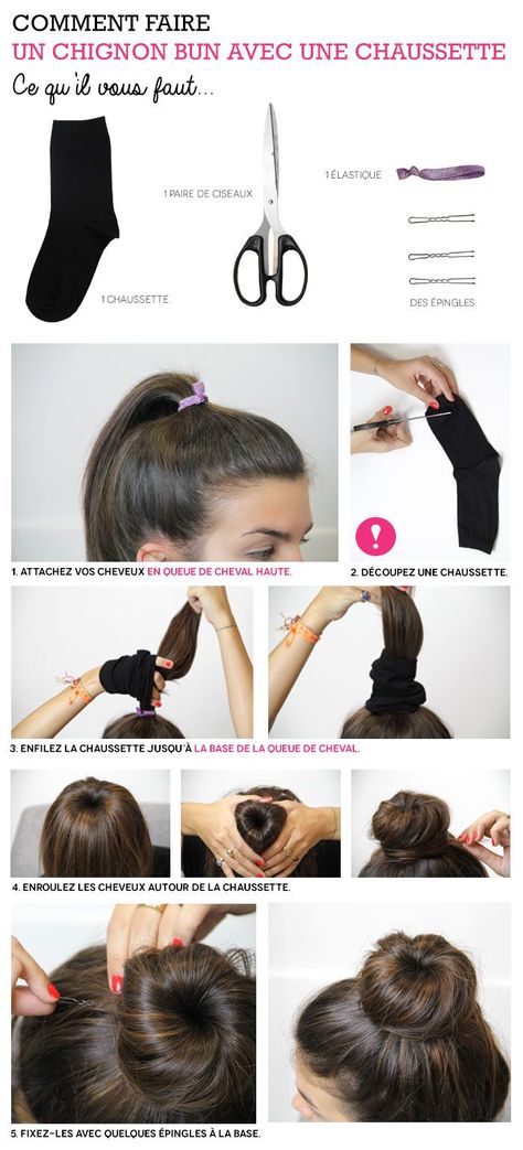 Comment faire un chignon bun avec une chaussette - Blissim College Hair, Sock Curls, Lazy Hair, Chignon Bun, Sock Bun, Hair Stuff, Hair Dos, Hair Mask, Rapunzel