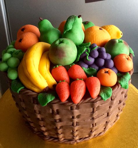 Fruit basket made with fondant and the fruit all made from home made marzipan Fruit Basket Cake Design, Fondant Vegetables, Fruit Basket Cake, Basket Cakes, Fruit Baskets Diy, Fondant Fruit, Illusion Cakes, Marzipan Fruit, Marzipan Cake