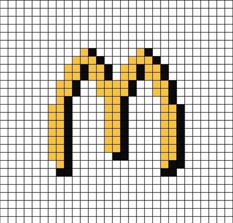 A pixel art template of the McDonald's logo from 1993.

This is the same yellow shape, but with a black shadow. Perler Beads Mcdonalds, Mcdonalds Pixel Art, Pixel Art Macdonald, Pixel Art Logo, Spiderman Pixel Art, 3d Pen Stencils, Pixel Art Ideas, Monster Crafts, Graph Paper Drawings