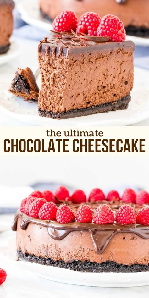 The best chocolate cheesecake recipe - it's creamy and tangy with a delicious chocolate flavor, chocolate cookie crust and chocolate ganache on top. Learn all the tricks to making decadent, restaurant-quality chocolate cheesecake. #chocolate #cheesecake #ultimate #homemade #triplechocolate #chocolate #dessert #dinnerparty #philadelphia recipe from Just So Tasty Chocolate Cheesecake With Graham Cracker Crust, Healthy Chocolate Cheesecake Recipes, Chocolate Tuxedo Cheesecake, Philly Cheesecake Recipes, Cheesecake Recipes Valentines Day, Oreo Crust Cheesecake Recipes, Cheesecake Recipes With Chocolate, Gathering Dessert Ideas, Milk Chocolate Cheesecake