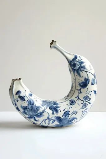 ↑↑↑ Larger size on website 🔸 A ceramic banana, painted in a traditional blue and white Chinese porcelain style, sits on a white s 🔸 From Midjourney AI Image Ceramic Banana, Chinese Pottery, Crescent Shape, Porcelain Blue, Chinese Porcelain, Ceramic Clay, Floral Designs, Blue Floral, Floral Pattern