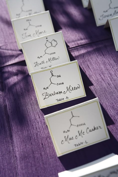 Nerdy wedding. Tables were lettered, and place cards had the molecular structure of the corresponding amino acid.      Allison K. Walker - Art & Illustration: Science Wedding Calligraphy Science Wedding Theme, Chemistry Wedding, Science Wedding, Illustration Science, Nerd Wedding, Geeky Wedding, Nerdy Wedding, Geek Wedding, Walker Art