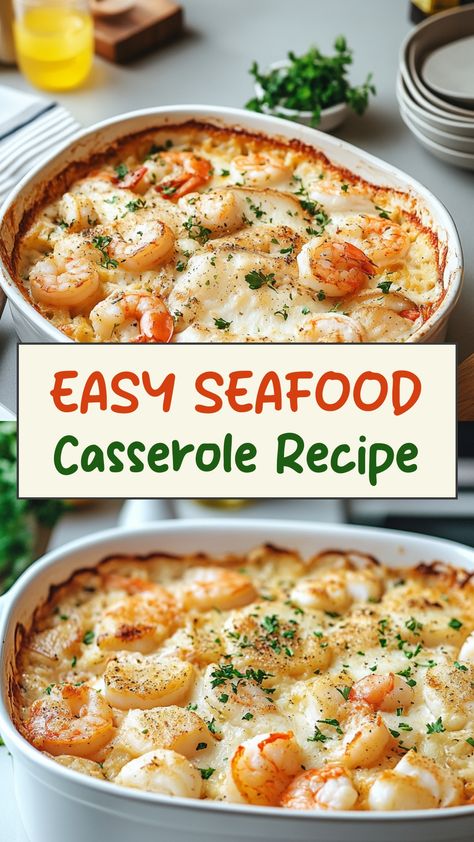 Indulge in a delectable seafood casserole recipe that's perfect for family dinners or special occasions. This easy-to-follow recipe combines the rich flavors of shrimp, crab, and white fish with a creamy sauce and a crunchy breadcrumb topping. Whether you're hosting a dinner party or simply craving a comforting meal, this seafood casserole is sure to impress your guests and satisfy your taste buds. Treat yourself to a taste of the ocean with this flavorful dish that is both hearty and wholesome. Seafood Combo Recipes, Frozen Mixed Seafood Dishes, Seafood Bake Recipes Ovens, Casseroles With Shrimp, Shrimp Comfort Food, Shrimp Casserole Recipes Main Courses, Seafood Rice Casserole, Crab Casserole Recipes Baked, Seafood Casserole With Ritz Crackers