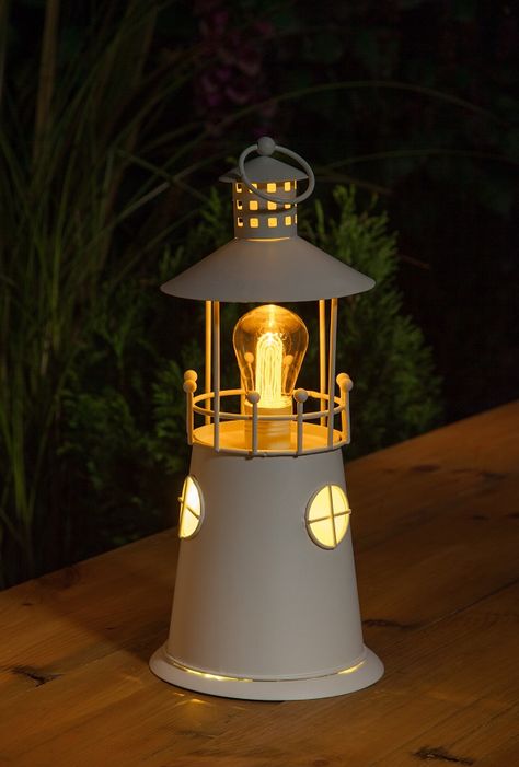 Lighthouse Light | Garden Lighting | NOMA Garden Art Solar Mushroom Lights, Solar Lamp Coastal, Garden Lamps Outdoors Lowe's, Mushroom Solar Lights, Solar Yard Art, Eating Before Bed, Lighthouse Lighting, Beach Themed Bedroom, Filament Bulb