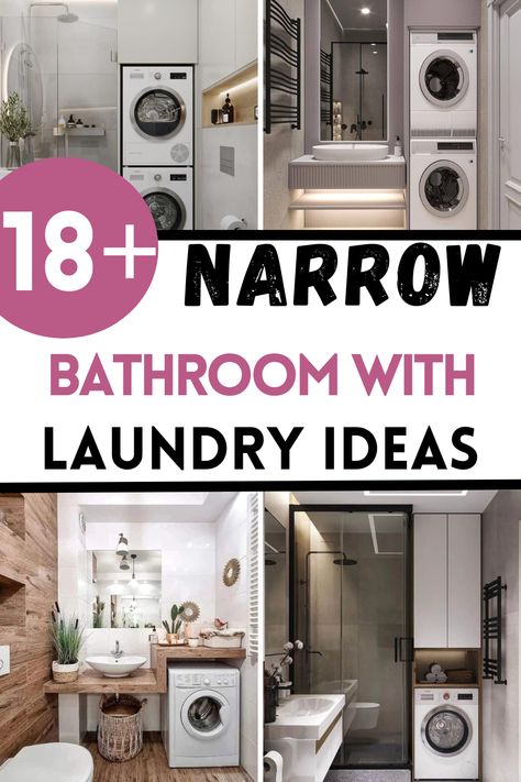 Get the best layout ideas for narrow bathrooms with laundry spaces! Find tips on maximizing storage, keeping it stylish, and making laundry feel seamless in a narrow bathroom. Tiny Laundry Bathroom Combo, Small Bathroom Laundry Combo Layout Floor Plans, Bathroom Layouts With Laundry, Small Bathroom Ideas Laundry, Small Bathrooms With Laundry, Washing Machine In Downstairs Toilet, Laundry With Bathroom Layout, Small Bathroom With Washer Dryer, Narrow En Suite Ideas