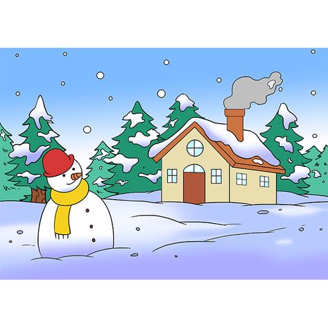 How to Draw Winter Scenery: Step 10 Drawing Of Winter Season, Christmas Drawing Scenery, Easy Christmas Scenes To Draw, Winter Season Pictures For Kids, Winter Drawing Ideas Easy, Winter Easy Drawings, Winter Drawings Easy For Kids, Natural Scenery Drawing For Kids, How To Draw Scenery