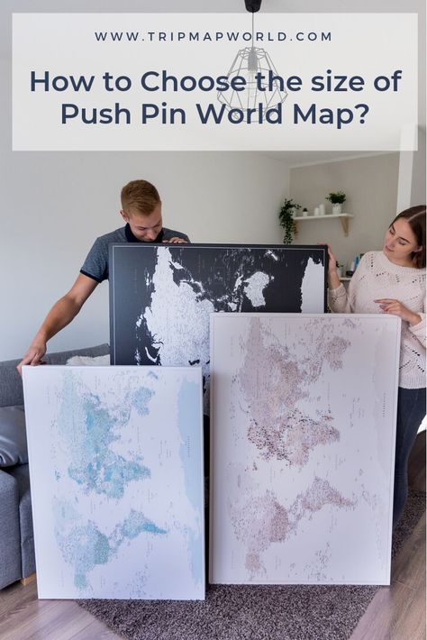 A push-pin travel map on canvas will surely become the main highlight of any room. If you want it to look stylish, in proportion and nicely complementing the interior, you have to choose the right size of the map. Here are some tips on how to do it. #tripmap #worldmap #pushpinmap #travelmap #scratchmap #scandinaviandesing #wallart #travelgift #christmasgift #homedecor #pastelcolors #travel #arountheworld #travelblog #boyfriendgift #husbandgift #anniversarygift Travel Map Pins, Push Pin World Map, Pushpin Travel Map, Push Pin Map, Map Decor, Travel Map, Pin Map, Travel Maps, Push Pin