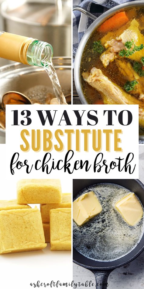 This is the best list of chicken broth substitutes ever! Vegan and make your own options included. How To Make Chicken Broth With Bouillon, What To Make With Chicken Broth, Substitute For Chicken Broth, Hawaiian Haystacks Sauce, Home Made Chicken Broth, Chicken Broth Substitute, Make Chicken Broth, Chicken Broth Recipes, Vegetarian Substitutes