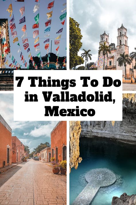 Explore the magical city of Valladolid, Mexico! This small and charming town is the perfect place to unwind, with its colorful colonial architecture, beautiful cenotes, and close proximity to the iconic Chichen Itza. From strolling the streets of the lively city center to visiting ancient Mayan landmarks, there is something for everyone. Click Pin for Complete Guide! Mexico Travel Outfit, Valladolid Mexico, Mexico Aesthetic, Mexico Itinerary, Architecture Beautiful, 3 Days Trip, Magical City, Mexico Travel Guides, Mexico Hotels