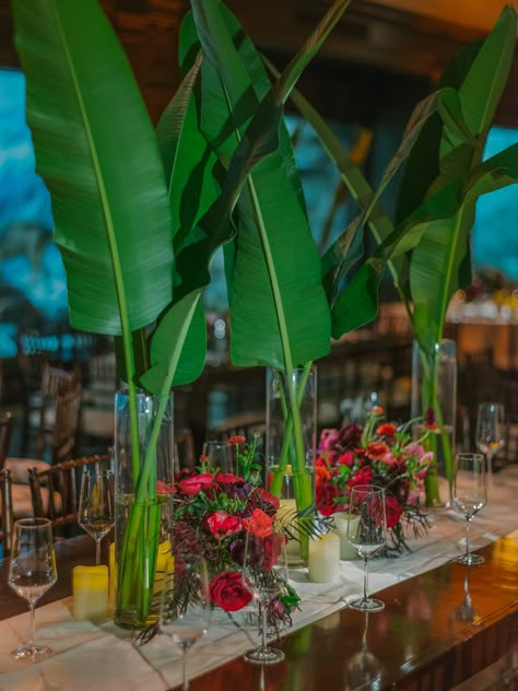 Garden Table Wedding, Tropical Leaf Centerpiece Wedding, Banana Leaf Centerpiece, Banana Leaf Arrangement, Tropical Leaf Centerpiece, Banana Leaf Table Decor, Unique Ceremony Florals, Tropical Table Scape, Tropical Wedding Food