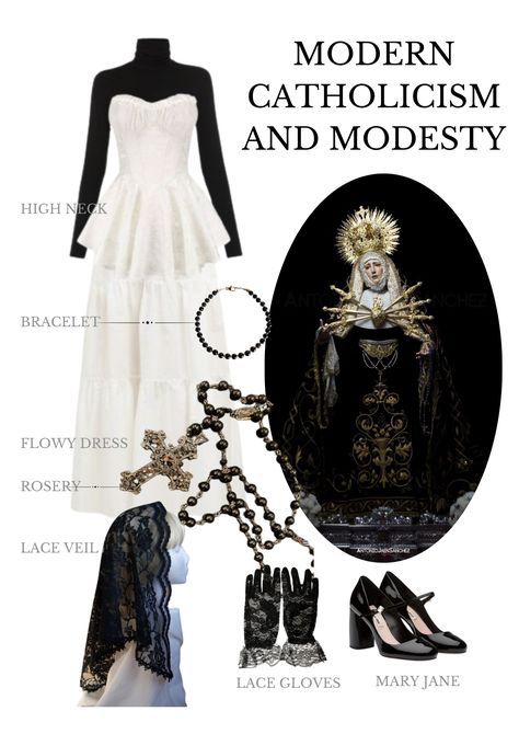 Embrace the Graceful Intersection of Modesty and Catholic Inspiration in Fashion! Christmas Mass Outfit Catholic, Catholic Girl Aesthetic Outfit, Gothic Christian Aesthetic, Catholic Mass Outfit, Christmas Mass Outfit, Catholic Outfits, Goth Catholic, Catholic Dress, Gothic Aesthetic Outfit