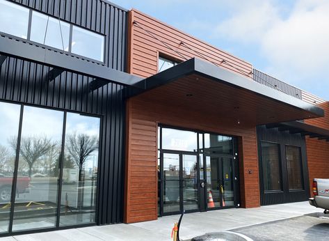 European Industrial Design, Metal Siding Commercial Building, Metal Building Commercial Design, Metal Building Retail Store, Modern Commercial Building Exterior, Modern Warehouse Design Exterior, Commercial Metal Building, Modern Warehouse Design, Industrial Building Facade