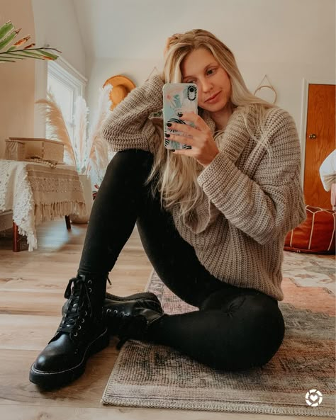 No makeup Sunday’s, it’s a thing. 🤪 Can’t go wrong with an oversized sweater, black leggings and combat boots for a stroll through Target. 🙃 http://liketk.it/2XXv3 #liketkit @liketoknow.it #LTKshoecrush #LTKunder50 #LTKunder100 #LTKFall Combat Boots And Sweater Outfit, Combat Boots And Tshirt, Black Ankle Combat Boots Outfit, Shiny Black Combat Boots Outfit, Guess Combat Boots Outfit, Cardigan And Combat Boots Outfit, Combat Boots Leather Leggings, Black Combat Boots Winter Outfit, Boho Combat Boots Outfit