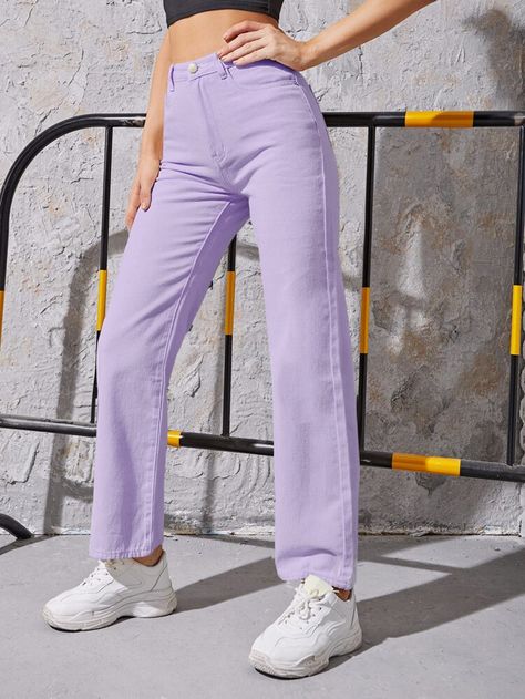 Free Returns ✓ Free Shipping On Orders $49+ ✓. High Waisted Solid Jeans- Women Jeans at SHEIN. Pink Jeans Outfit, Colored Jeans Outfits, Coloured Jeans, Light Pink Jeans, Jeans Rosa, Pink Jeans, Cute Jeans, Pink Pants, Mid Rise Jeans