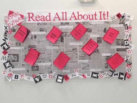 Book clubs! This board has two or three pictures of students gathering in book clubs or reading independently preparing for a book club meetings. I used catchy newspaper titles on the "book covers". Book Club Bulletin Board Ideas, Newspaper Classroom Theme, News Paper Bulletin Board Ideas, Newspaper Bulletin Board Ideas, Newspaper Bulletin Board, Literature Bulletin Boards Middle School, Book Recommendation Wall Bulletin Boards, School Newspaper, High School Bulletin Boards