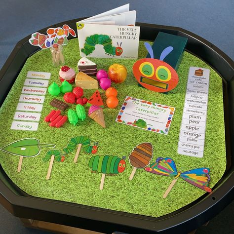 The Hungry Caterpillar Sensory Bin, Hungry Caterpillar Sensory Tray, The Very Hungry Caterpillar Eyfs Tuff Tray, Bugs Tuff Tray, The Very Hungry Caterpillar Literacy Activities, The Very Hungry Caterpillar Tuff Tray, Hungry Caterpillar Activities Toddlers, World Book Day Tuff Tray Ideas, Hungry Caterpillar Tuff Tray Ideas