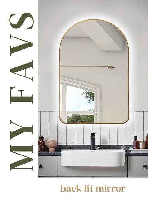 Arched back lit mirror modern and chic anti-fog gold or frameless options Arch Bathroom Mirror, Arch Mirror Bathroom, Vanity Bathroom Mirror, Arch Bathroom, Bathroom Mirror With Lights, Mounted Mirrors, Backlit Bathroom Mirror, Mantle Mirror, Bathroom Upstairs