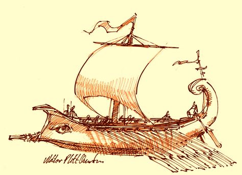 The Greek Sailors were famous for their exploration of the sea. They explored the sea and even Aristotle notes about the creatures and their characteristics. Greek Boat Tattoo, Trireme Art, Greek Ships Ancient, Ancient Greek Paintings, Greek Trireme, The Illustrated Man, Boat Tattoo, Historical Drawings, History Drawings