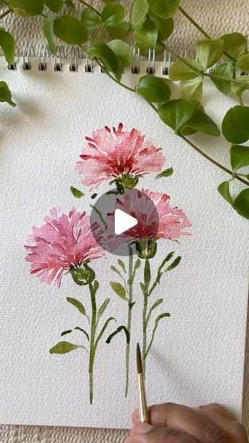 Carnation Painting Easy, Watercolor Carnation Tutorial, Simple Flowers Watercolor, Watercolor Flower Paintings Easy, Watercolour Bouquet Flowers, Easy Flower Painting Watercolour, Watercolour Carnation, Carnations Painting, Watercolor Mini Paintings