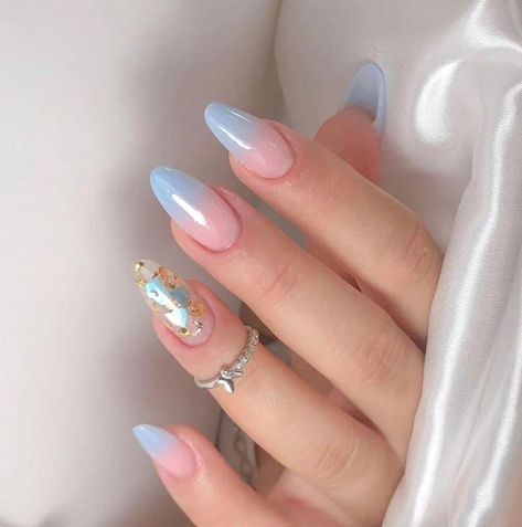 Baby Boomer With Glitter, Baby Boomer Azul, Nails Azul Bebe, Baby Boomer Colores, Uñas Baby Blue, Baby Boomer Nails Color, Baby Boomer Nails Decoradas, Cinderella Nails, Baby Boomer Nails