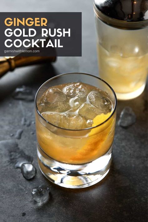 This easy, 3-ingredient Ginger Gold Rush Cocktail is a fresh spin on a classic drink. Made with spicy ginger liqueur, belly-warming bourbon and tart lemon juice, a glass of this smooth ginger drink is sure to warm you up on a chilly fall evening. Ginger Liqueur Recipe, Gold Rush Cocktail, Ginger Gold, Batch Cocktail Recipe, Pear Vodka, Ginger Cocktails, Ginger Liqueur, Spicy Cocktail, Ginger Drink