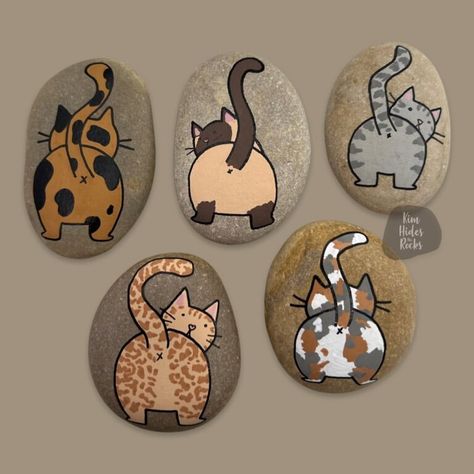 40+ BEST ROCK PAINTING IDEAS FOR SUMMER - Stylin by Sarita Cat Butts Painting, Painting Cats On Rocks, Cat Stone Art, Cat Painted Rocks Ideas, Painting Ideas For Summer, Cat Rock Painting Ideas, Pet Rocks Craft, Cat Rock Painting, Painted Rocks Cats