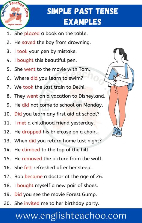 20 Examples of Simple Past Tense Sentences 1 Past Simple Sentences, Tenses Sentences, Present Tense Example, Simple Past Tense Sentences, Tenses Examples, Past Tense Sentences, Grammar Tenses Chart, English Grammar Tenses Chart, Past Tense Examples