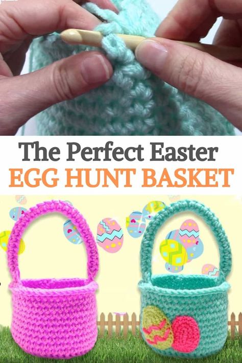 Crochet Easter Basket Free Pattern, Crochet Easter Decorations, Crochet Easter Basket Pattern, Crochet Tips And Tricks, Easter Crochet Patterns Free, Easter Basket Pattern, Crochet Easter Basket, Holiday Crochet Patterns, Easter Basket Crafts