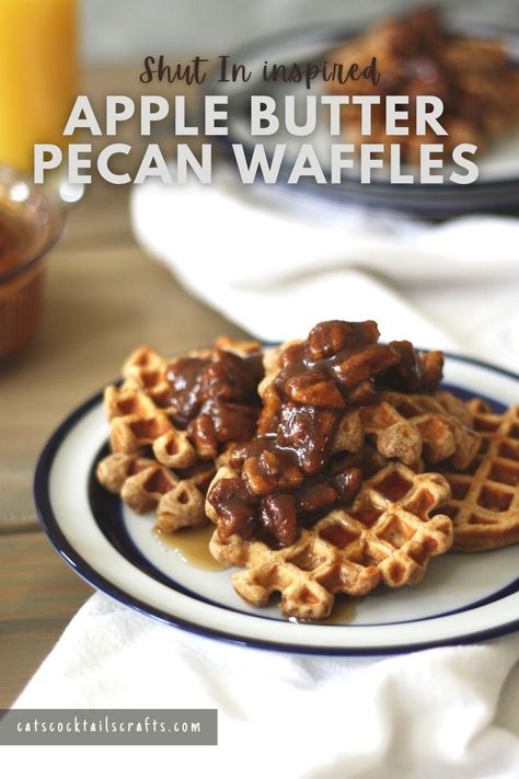 Apple Butter Pecan Waffles inspired by Shut In — Cats, Cocktails, Crafts Apple Cider Waffles, Apple Butter Waffles, Apple Butter Variations, Apple Butter With Peels, Cider Pumpkin Waffles, Kodiak Pancakes, Popcorn Snacks, Breakfast Waffles, Caramel Syrup