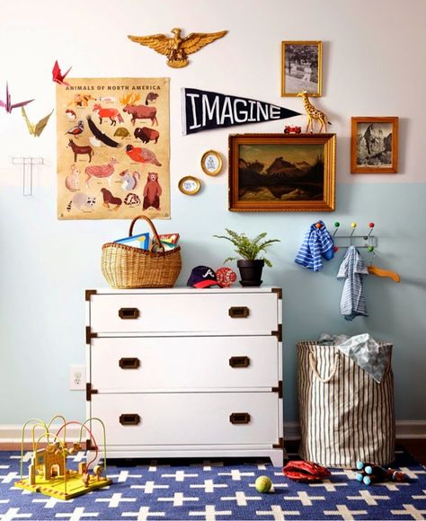 eclectic kids' rooms - doesn't this room have a distinctive Wes Anderson vibe? Wes Anderson Decor, Nursery Collage, Nursery Inspiration Boy, Eclectic Kids Room, Nursery Ideas Boy, Two Tone Walls, Campaign Dresser, Adventure Nursery, Big Kids Room