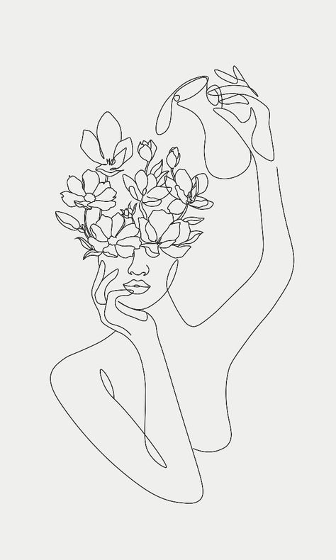 Flowers Growing Out Of Head, Woman Pouring Water, Growing Mindset, Abstract Woman Face, Pouring Water, Self Love Tattoo, Head Drawing, Flowers Growing, Line Art Tattoos