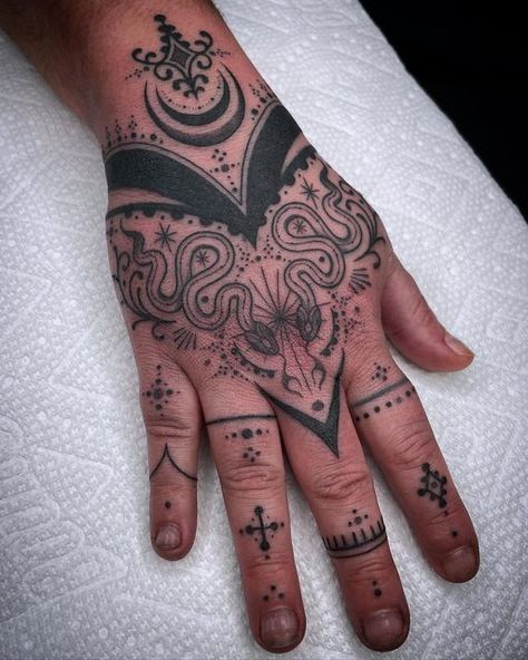 Hecate Hand Tattoo, Symmetrical Hand Tattoo, Ornamental Tattoo Finger, Ornate Hand Tattoo, Sacred Geometry Hand Tattoo, 116 Tattoo, Witchy Hand Tattoos, Moon Hand Tattoo, Ornamental Hand Tattoo