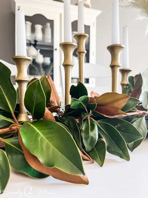 Decor With Magnolia Leaves, Magnolia Fall Table Decor, Magnolia Leaves Thanksgiving Table, Magnolia Leaves In Vase, Magnolia Leaf Table Decor, Magnolia Mantle Decor, Magnolia Branches In Vase, Decorating With Magnolia Leaves Holidays, Christmas Decor With Magnolia Leaves