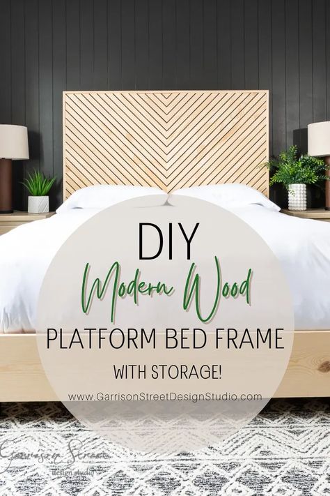 DIY Modern Wood Platform Bed Frame with Storage | ©GarrisonStreetDesignStudio | DIY | Modern Wood | Platform | Bed Frame | with Storage | Easy | Affordable | Queen | King | DIY Queen Bed | DIY Wood Bed | Bedframe Ideas | Platform Bed DIY | How to Build a Bed Frame | Tutorial | with LED Lights | 2x4 Bed Frame | Queen Bed Frame | Wooden Bed Frame | Simple Bed Frame | Homemade | Bed Frame Plans | with Headboard | Geometric | Mid Century | Boho | Storage | Bed | Pine Bed | Under Bed Storage Diy Wood Platform Bed, Diy King Bed Frame Platform, How To Make A King Bed, King Bedframe Diy, Queen Size Platform Bed Diy, King Bedframe Ideas Diy, Diy Modern King Bed Frame, Diy Queen Bed Frame With Storage, Queen Bed Frame For Small Room