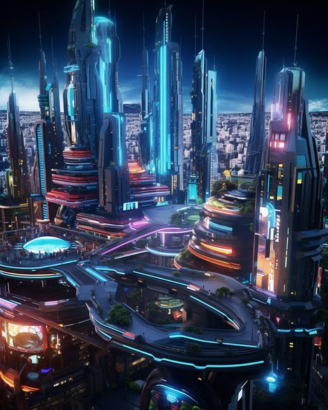 Sci Fi City Futuristic Architecture, Scifi City, Sci Fi Wallpaper, Sci Fi Architecture, Sci Fi City, City At Night, Space Artwork, Cyberpunk Aesthetic, Cyberpunk City