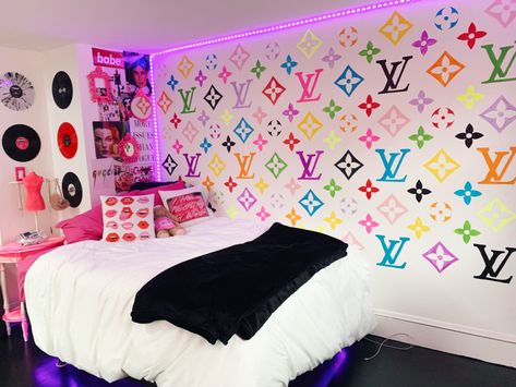 Lv Bedroom Ideas, Lv Room Wallpaper, Louis Vuitton Bedroom Wall Stickers, Louis Vuitton Wall Sticker, Louis Vuitton Bedding Set Pink, Popular Designer Bags, Louis Vuitton Pink Wall Art, Luxury Room Design, Monogram Bags