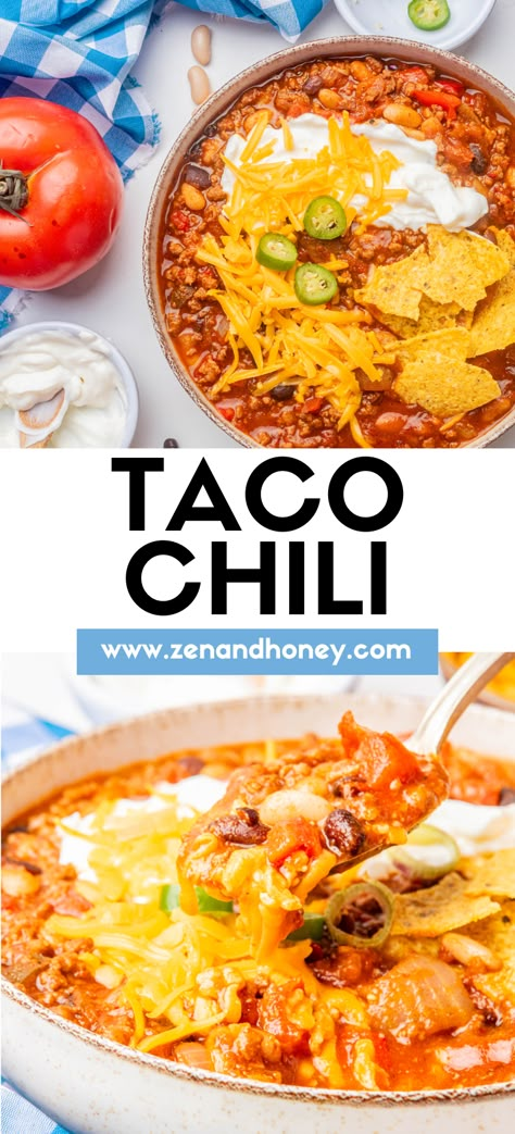 There’s something about hearty chili recipe that just makes everything better. This taco chili is filling, spicy, and hearty, and it always seems to hit the spot. Homemade chili recipe for weeknight dinner. Easy chili with taco toppings! Summer Chilli Recipe, Turkey Taco Chili, Taco Chilli, Weeknight Dinner Easy, Taco Chili Recipe, Southwest Chili, Chili Tacos, Hearty Chili Recipe, Classic Chili Recipe