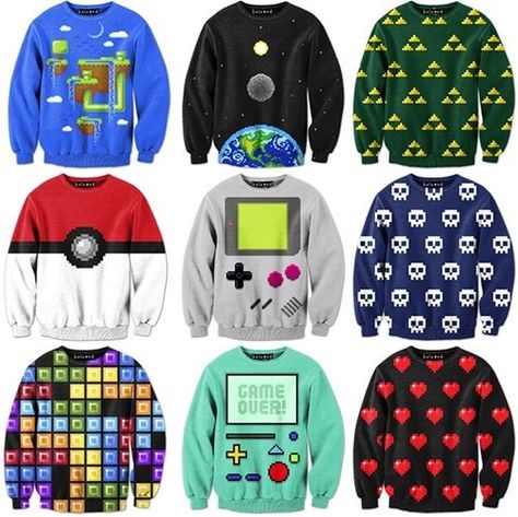 Gamer sweaters! Pixel Clothes, Geeky Clothes, Nerd Fashion, Like Video, Geek Fashion, Ugly Sweater Party, Geek Chic, 8 Bit, Ugly Sweater