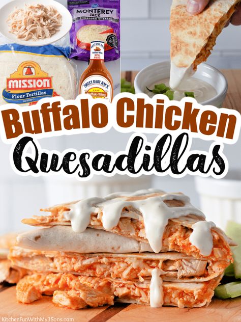 If you love the flavor of Buffalo wings, then these Buffalo Chicken Quesadillas are for you! Shredded chicken, spicy Buffalo sauce, melted Monterey Jack cheese, all folded into a flour tortilla and grilled until crisp. Serve with blue cheese or ranch dressing for dipping and a side of fresh carrots and celery for a delicious lunch or easy dinner. Buffalo Ranch Chicken Quesadilla, Buffalo Chicken Casadias, Chicken Quesadillas Easy, Buffalo Chicken Quesadilla, Easy Suppers, Can Chicken Recipes, Fresh Carrots, Cranberry Chicken, Flour Tortilla