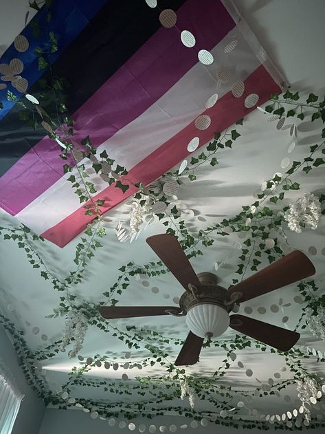 Flag On Ceiling Bedroom, Trans Flag On Wall, Flags On Ceiling, Flag On Ceiling, Flags In Bedroom, Gender Fluid Aesthetic, Flag On Wall, Genderfluid Aesthetic, Gender Fluid Flag